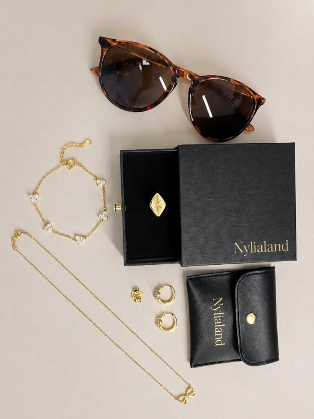 Nylialand Gold Jewelry Set | Bow Necklace, Starburst Ring, Sunnies